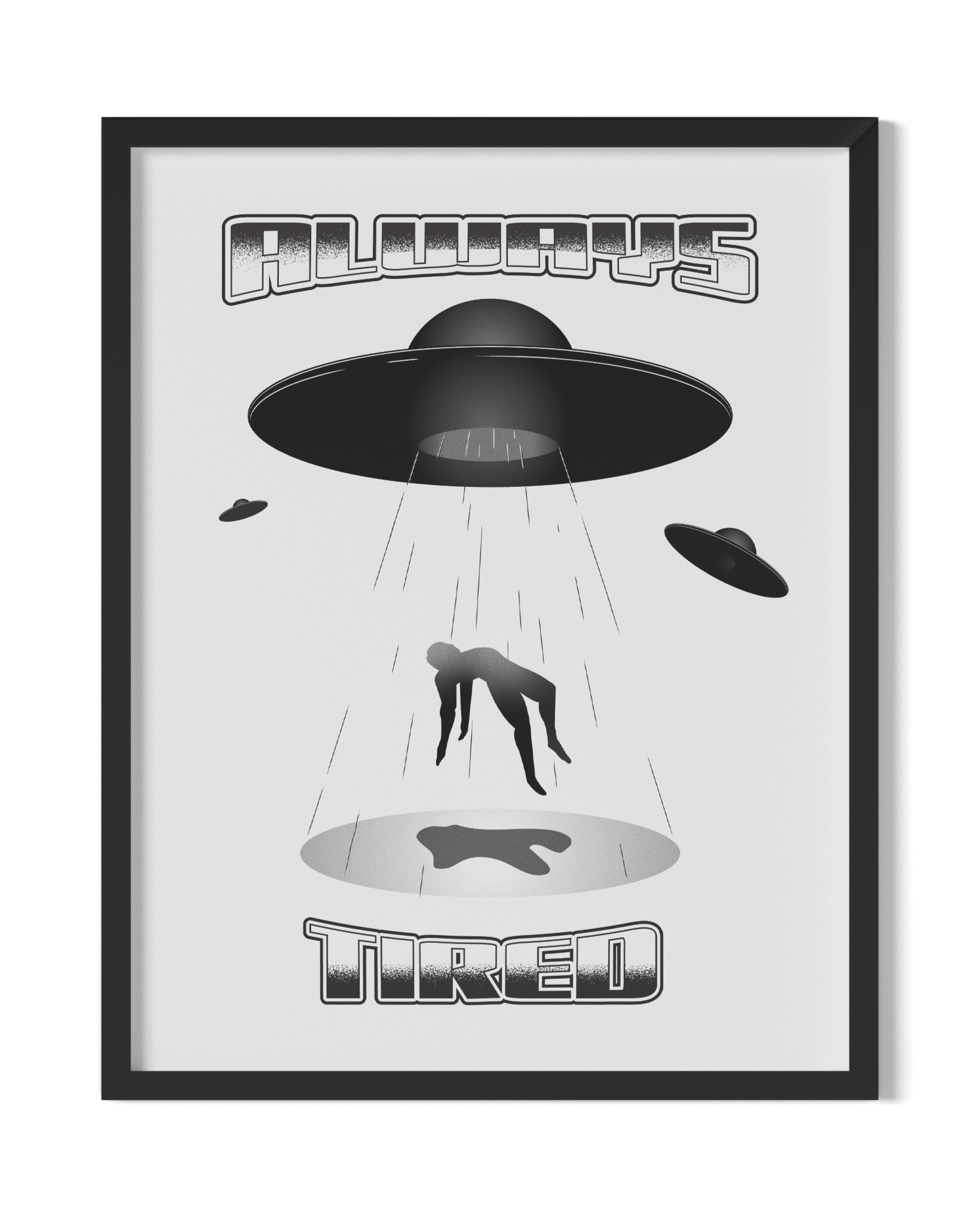 Framed artwork with a black and white depiction of a UFO and a person being abducted on a white background.