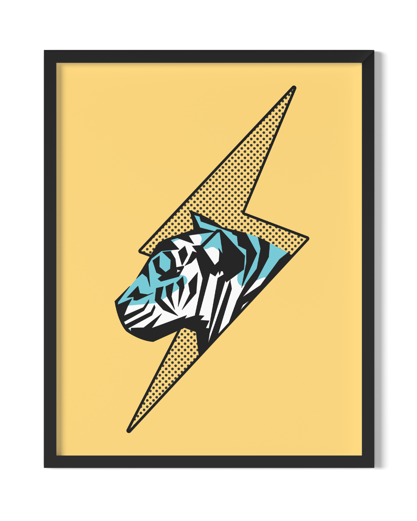 Framed artwork with a zebra head design inside a lightning bolt on a yellow background